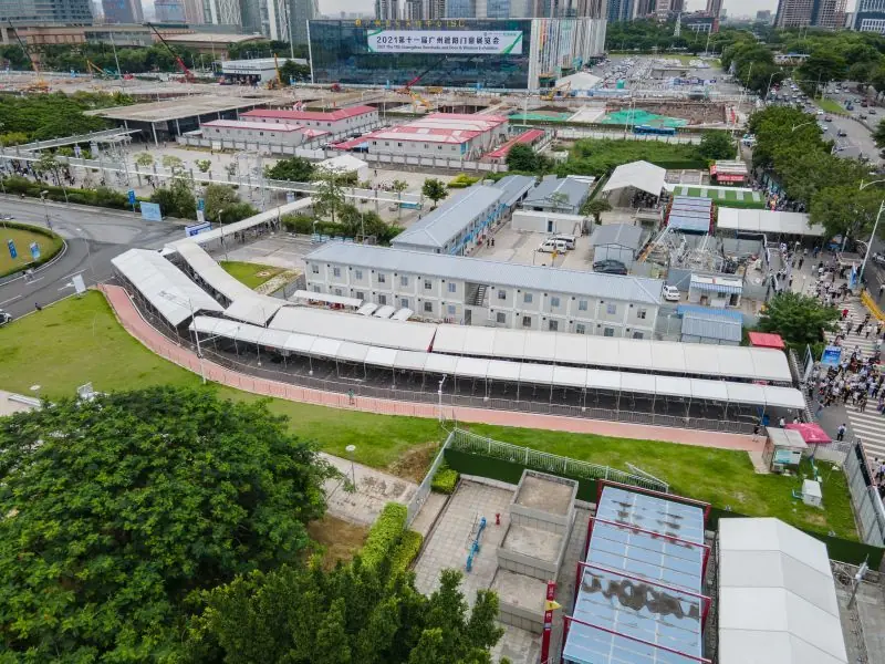 Bird's-eye view of modular 20x50m event tent structure at Canton Fair