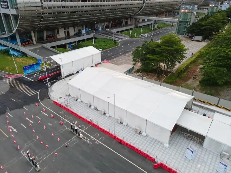 Top-down view of 20x50m exhibition tent with surrounding expo area
