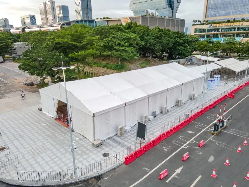 Aerial photo of large trade show tent setup for Canton Fair exhibitors