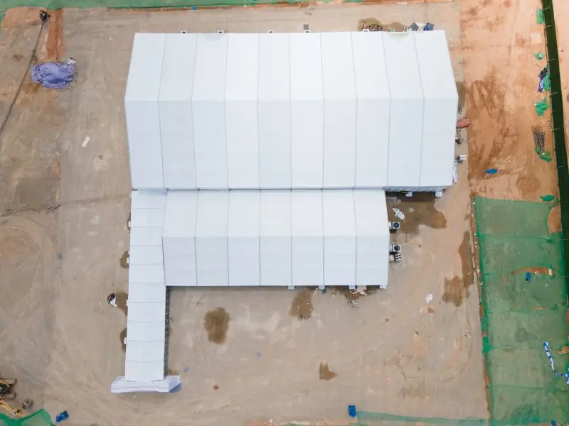 High-resolution aerial image of 20x50m tent for outdoor exhibitions and trade shows